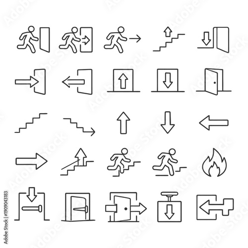 Emergency exit symbols and directional signs for safety navigation.