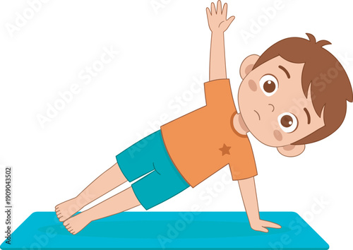 Cute boy practicing side plank yoga pose on mat, children fitness exercise illustration isolated background