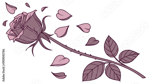 A professional vector illustration of a rose with falling petals and leaves