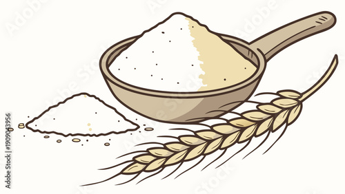 A wooden spoon filled with flour and a stalk of wheat on a clean surface, depicted in a professional vector illustration.