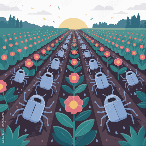 Robotic beetles cultivate vibrant flower field at sunrise