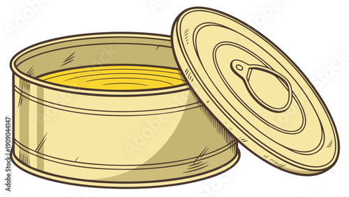 A professional vector illustration of a golden tin can with lid open, showcasing contents, in a minimalist style from a front viewpoint