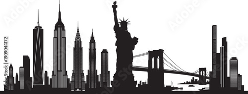New York City skyline silhouette with Statue of Liberty and Brooklyn Bridge isolated on white background