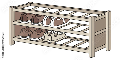 Vector illustration of a shoe rack with shoes on it, viewed from the side, in a simple, clean environment