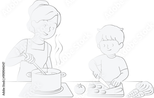 Family Cooking at Home Illustration  Mom Teaching Child to Prepare Healthy Meal