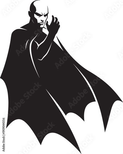 Vampire silhouette with flowing cape, gothic horror character isolated on white background Halloween illustration design
