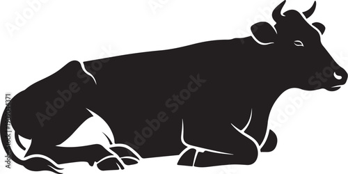 Black cow lying down in simple illustration style portrait