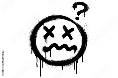 Grungy dripping emoji with question mark and crossed eyes graffiti style