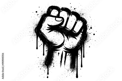 Grunge style raised fist symbolizing strength and unity with dripping paint effect
