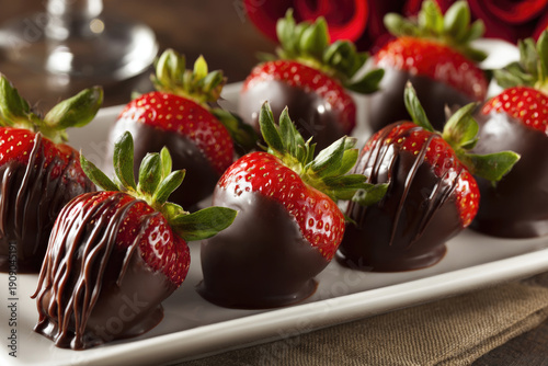 A plate of delicious chocolate covered strawberries on a romantic table setting