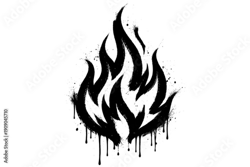Grunge dripping flame painting with bold black silhouette on white background