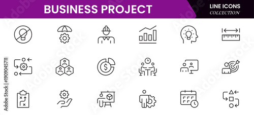 Business set of web icons in linear style. Business Project icons for web and mobile apps. Business, organisation management, planning, project, startup, marketing, teamwork. Vector illustration