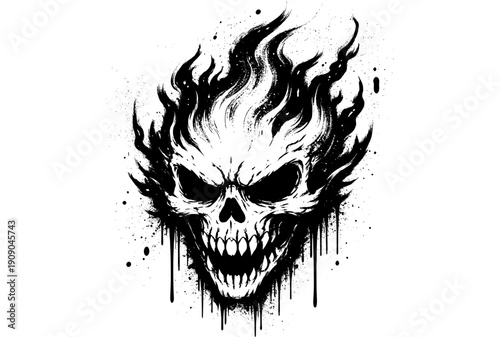 Flaming skull with dripping details in black and white grunge style art