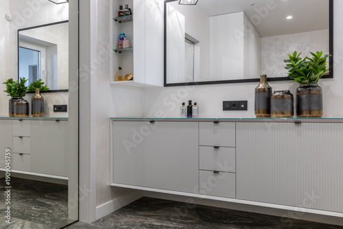 Wallpaper Mural Modern minimalist hallway interior with white console and large mirror Torontodigital.ca