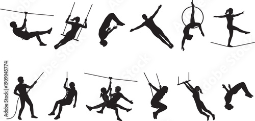 Aerial acrobat silhouette set, circus performers on trapeze hoop ropes and swing isolated on white background