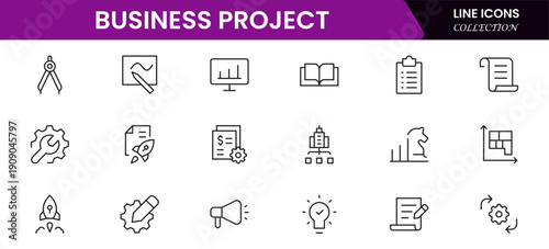 Business set of web icons in linear style. Business Project icons for web and mobile apps. Business, organisation management, planning, project, startup, marketing, teamwork. Vector illustration