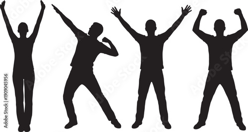 Dynamic young men jumping silhouette, energetic celebration poses isolated on white background, success and victory concept