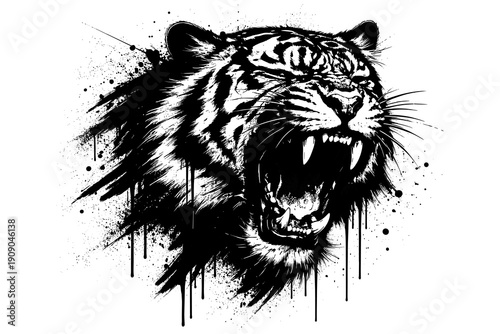 Dynamic black and white tiger head with fierce expression and ink splatter effect
