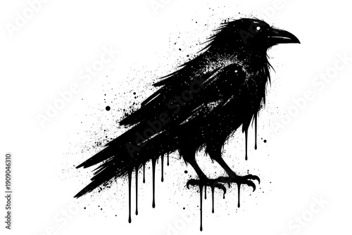 Grungy silhouette of a raven with dripping ink effects