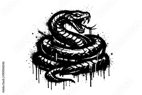 Fierce snake with splatter effect: monochrome tattoo art