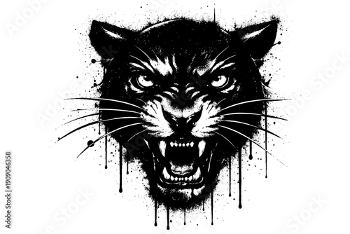 Fierce black panther face with splattered ink style