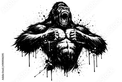 Powerful gorilla art with splatter effect in black and white