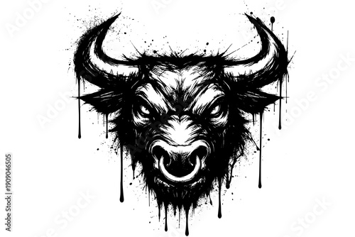 Bold dripping bull head with ink splatter on white background in grunge style