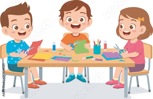 Happy children doing arts and crafts at table, cute cartoon kids cutting paper isolated background