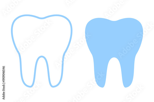 Light blue tooth icons in two styles: minimalist line art and solid flat design. Dental health and oral care illustration, Dentist clinic symbol, Molar tooth hygiene and stomatology concept