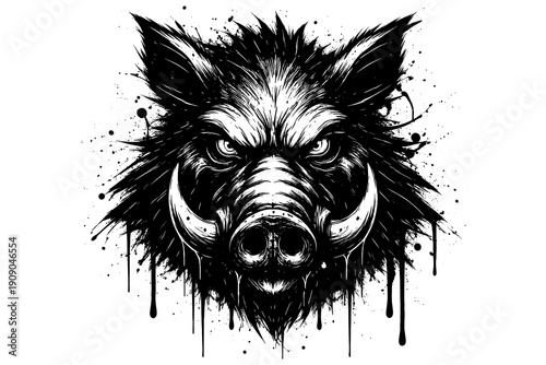 Ferocious boar head with splatter in black and white ink art style