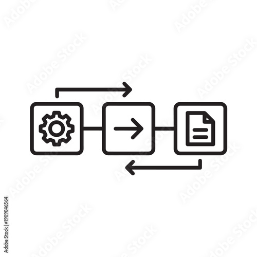 Simple black line icon illustrating a business process workflow involving settings an action and final document output