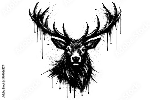 Intricate ink-splattered stag design with abstract antler details