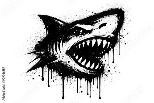 Ink splash shark art: bold black and white illustration with splatter effect