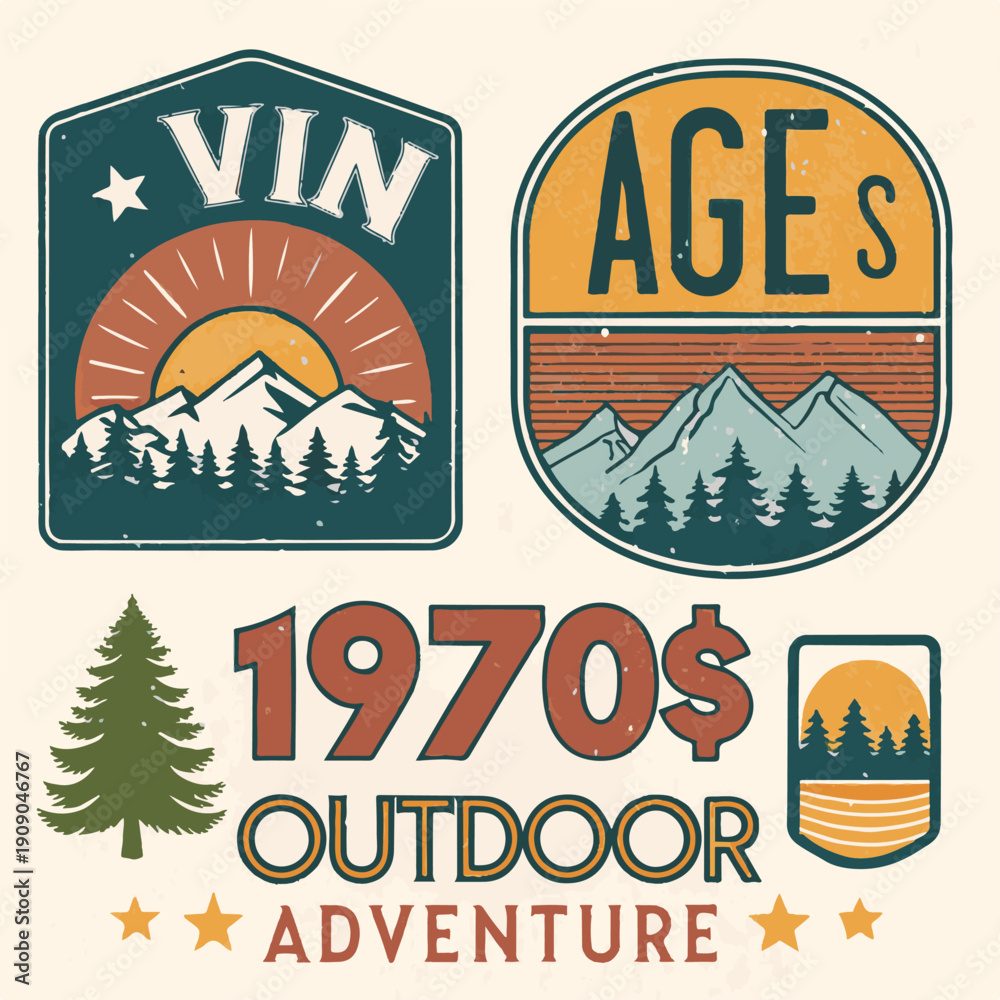 Obraz premium Vintage 1970s Outdoor Adventure Badge Set - Retro Mountain and Forest Exploration Logos with Distressed Texture