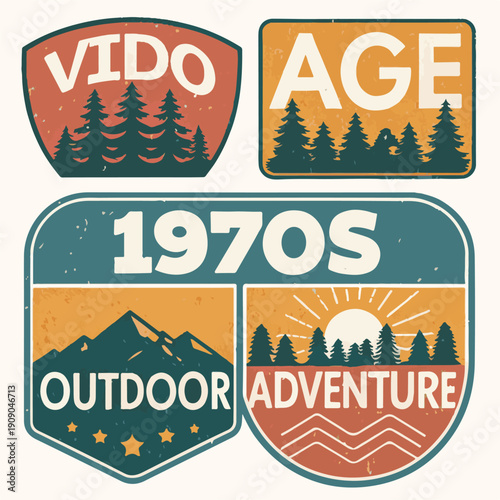 Retro Wilderness Emblems Set, Distressed 70s Style Nature Graphics