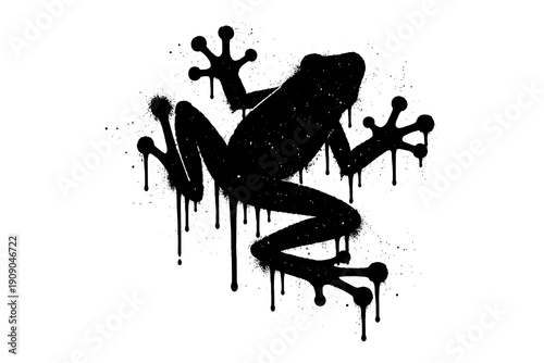 Black dripping frog silhouette with paint splatter on white background