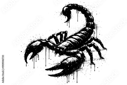 Dynamic ink splatter art of a scorpion with grunge drip effect on white background