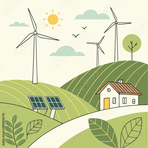 Eco-friendly renewable energy concept with wind turbines, solar panels, and sustainable house in a green rural landscape.