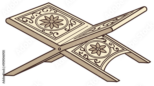 A detailed vector illustration of a decorative, foldable wooden Quran stand, showcasing intricate floral patterns and a traditional design