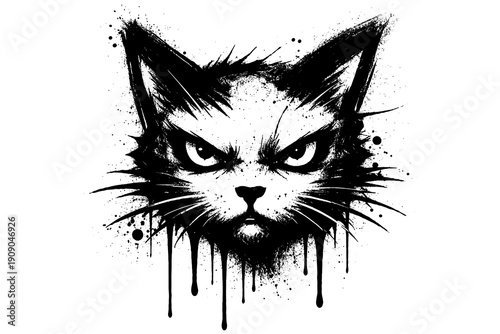 Grunge cat face with splatter effects on white background