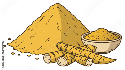 A professional vector illustration of turmeric roots and powder, showcasing its vibrant yellow color and natural form