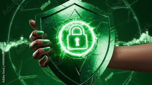 Cybersecurity shield with lock icon and green energy visual effects