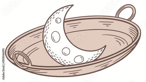 A whimsical illustration of a crescent moon nestled within a shallow, oval-shaped serving dish