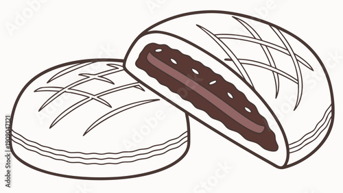 Line art of two sweet buns, one whole and one sliced, revealing a rich dark paste filling. Ideal for Asian dessert menus, traditional bakery, and food graphic designs