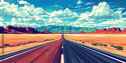 An empty asphalt highway winds through a rural mountain landscape toward the horizon under a sunset sky, capturing the speed and motion of a lonely travel journey through nature