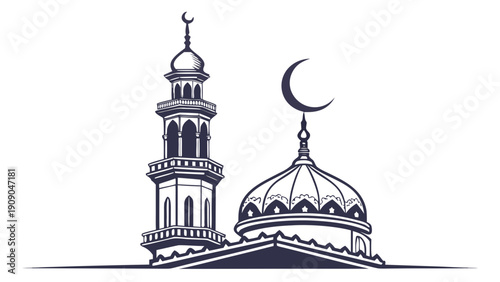 Elegant monochrome illustration of an iconic Islamic mosque with a distinctive dome and towering minaret, symbolizing faith and heritage in architectural design