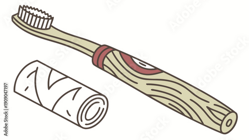 Eco-friendly dental care concept featuring a beautifully crafted wooden toothbrush and a soft rolled cloth, promoting sustainable personal hygiene practices