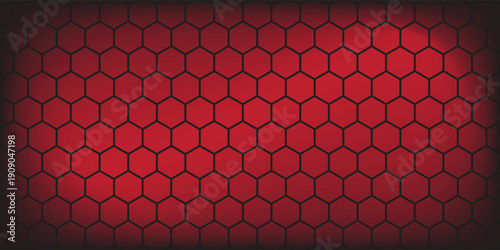 Dark hexagonal technology vector abstract background. Red bright energy flashes under hexagon in modern technology futuristic background vector illustration. Dark and turquoise 3d honeycomb texture.