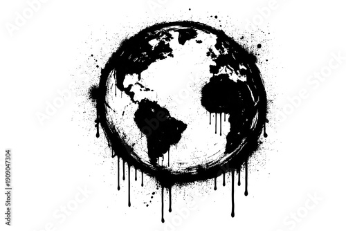 Grunge dripping earth with black ink splatter on white background
