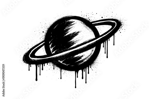 Dripping grunge planet with rings on white background